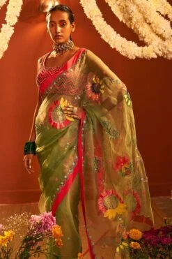 Siddhartha Bansal Sage Green Chevron Embroidered Sari Set -Inca Sales Store 62sb25 4