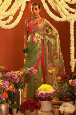 Siddhartha Bansal Sage Green Chevron Embroidered Sari Set -Inca Sales Store 62sb25 5