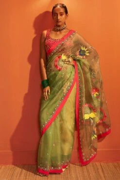 Siddhartha Bansal Sage Green Chevron Embroidered Sari Set -Inca Sales Store 62sb25 6
