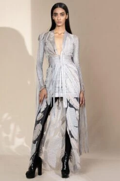 Abhishek Sharma 3-D Appliqued Pencil Cut Jacket With Short Skirt