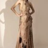 Abhishek Sharma Champagne Textured Halter Neck Gown With Trail -Inca Sales Store 65as27 1