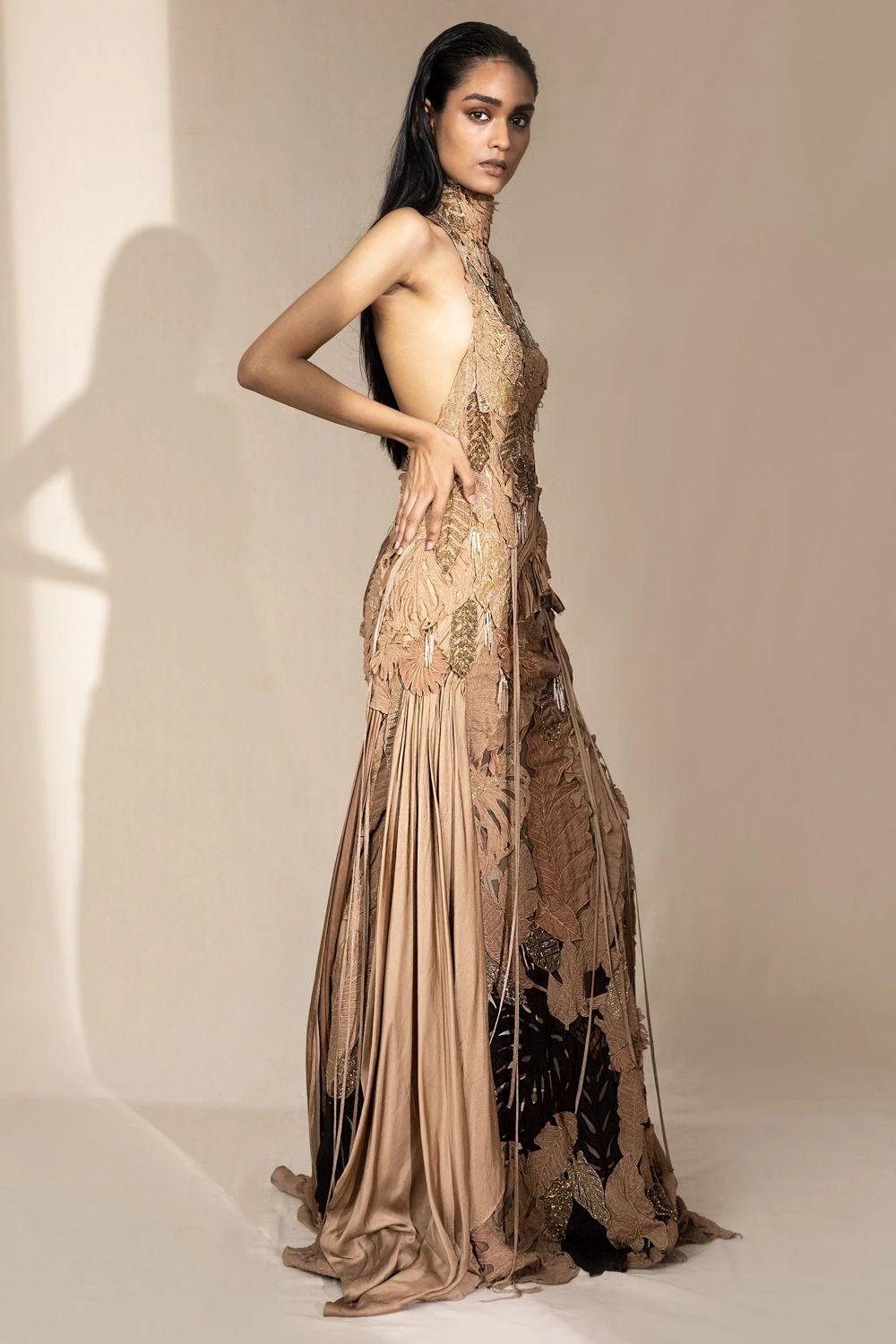 Abhishek Sharma Champagne Textured Halter Neck Gown With Trail 4 Abhishek Sharma Champagne Textured Halter Neck Gown With Trail - Image 2