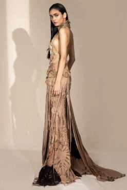 Abhishek Sharma Champagne Textured Halter Neck Gown With Trail 9 Abhishek Sharma Champagne Textured Halter Neck Gown With Trail -Inca Sales Store 65as27 3