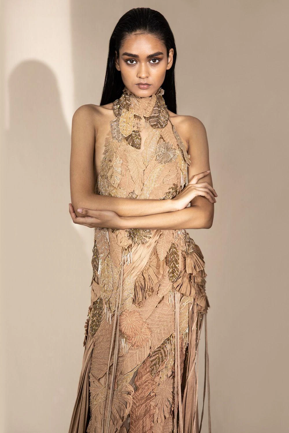 Abhishek Sharma Champagne Textured Halter Neck Gown With Trail 6 Abhishek Sharma Champagne Textured Halter Neck Gown With Trail - Image 4