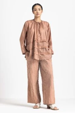 Three Champagne Pleated Top With Broad Bottoms