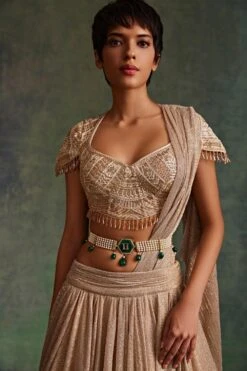 Tarun Tahiliani Accessories Ivory & Emerald Pearl Mesh Beaded Belt