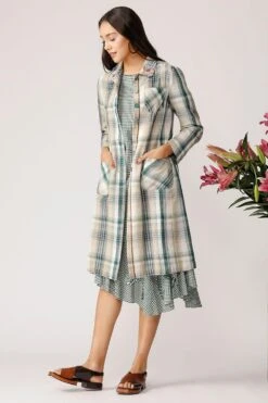 Payal Pratap Checkered Long Jacket -Inca Sales Store 7ss 34 beige green 2