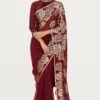 Nakul Sen Maroon Chiffon Sari With Sequins Rose Embroidery -Inca Sales Store 807 w 1