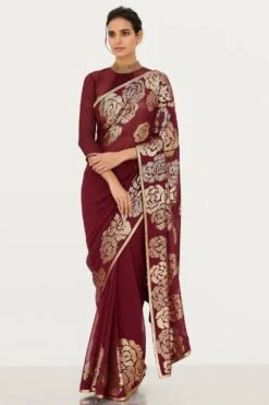 Nakul Sen Maroon Chiffon Sari With Sequins Rose Embroidery