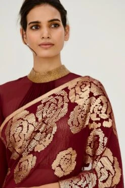 Nakul Sen Maroon Chiffon Sari With Sequins Rose Embroidery -Inca Sales Store 807 w 3