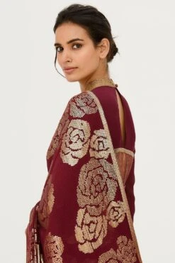 Nakul Sen Maroon Chiffon Sari With Sequins Rose Embroidery -Inca Sales Store 807 w 4