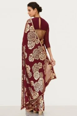 Nakul Sen Maroon Chiffon Sari With Sequins Rose Embroidery -Inca Sales Store 807 w 5