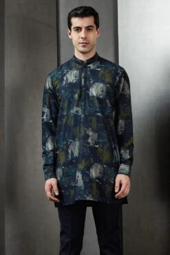 Rohit Gandhi + Rahul Khanna Men Ink & Olive Big Glitch Digital Printed Kurta -Inca Sales Store 8124rgrk34 3