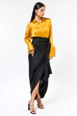 431-88 By Shweta Kapur Black Drape Satin Skirt
