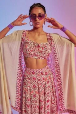 SVA Ivory Printed Bustier & Pants With Cape -Inca Sales Store 84sv3 2 1