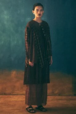 Urvashi Kaur Umber Micropleated Checkered Dress -Inca Sales Store 8823uk20 2