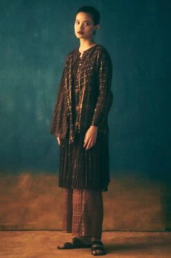 Urvashi Kaur Umber Micropleated Checkered Dress -Inca Sales Store 8823uk20 3