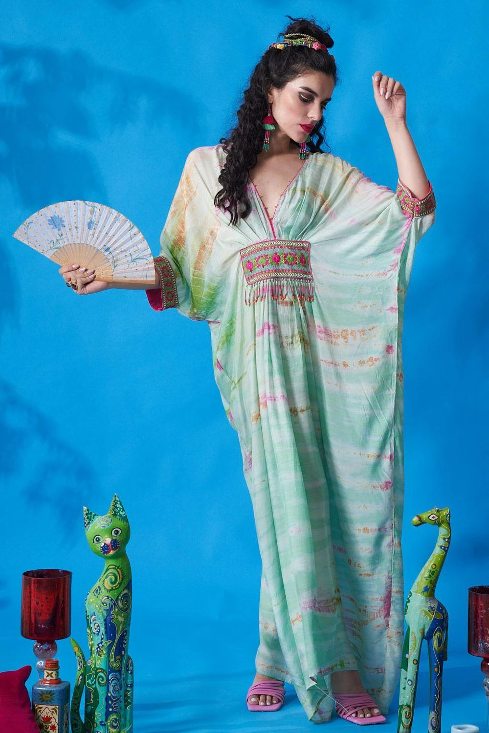 CAPISVIRLEO Mint Green Cotton Silk Kaftan Dress 5 CAPISVIRLEO Mint Green Cotton Silk Kaftan Dress - Image 3