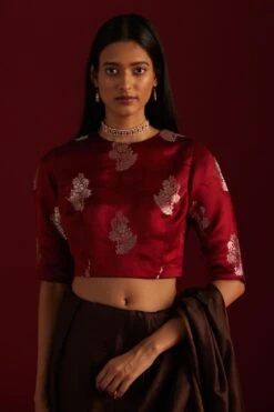 Shorshe Red Brocade Zero Neck Blouse