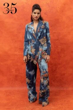 Anamika Khanna Denim Embellished Blazer With Ripped Pants