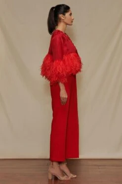Shriya Som Red Jumpsuit With Feather Capelet -Inca Sales Store 912ss22 3