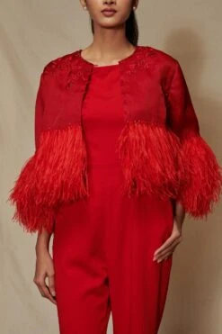 Shriya Som Red Jumpsuit With Feather Capelet -Inca Sales Store 912ss22 4