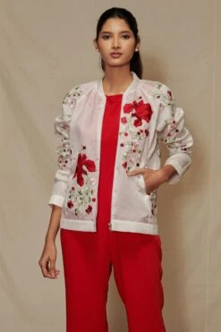 Shriya Som White Floral Embroidered Bomber Jacket