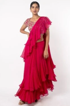 Anushree Reddy Red Ruffle Sari Set