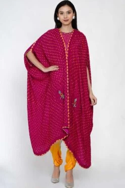 Twenty Nine Bandhani Cape Set With Mirrorwork Top