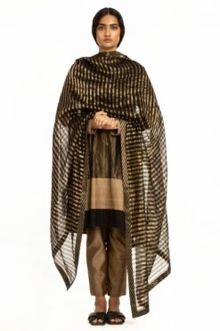 Akaaro Black Gold Striped Silk Zari Dupatta