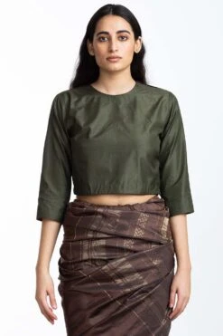 Akaaro Handwoven Olive Back Yoke Blouse