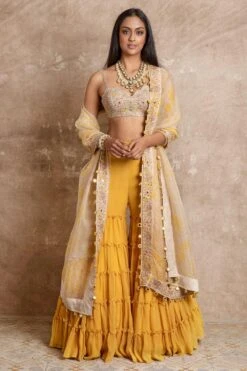Arpita Mehta Yellow Tiered Sharara With Bustier & Dupatta