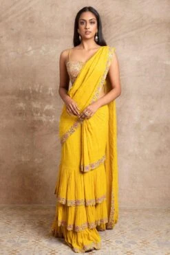 Arpita Mehta Yellow Hand Embroidered Tiered Sari Set