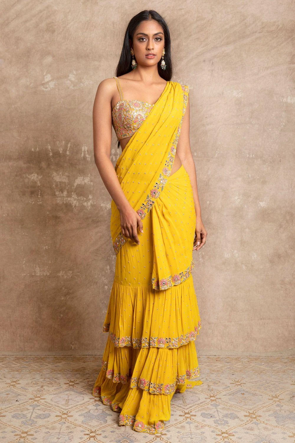 Arpita Mehta Yellow Hand Embroidered Tiered Sari Set 4 Arpita Mehta Yellow Hand Embroidered Tiered Sari Set - Image 2