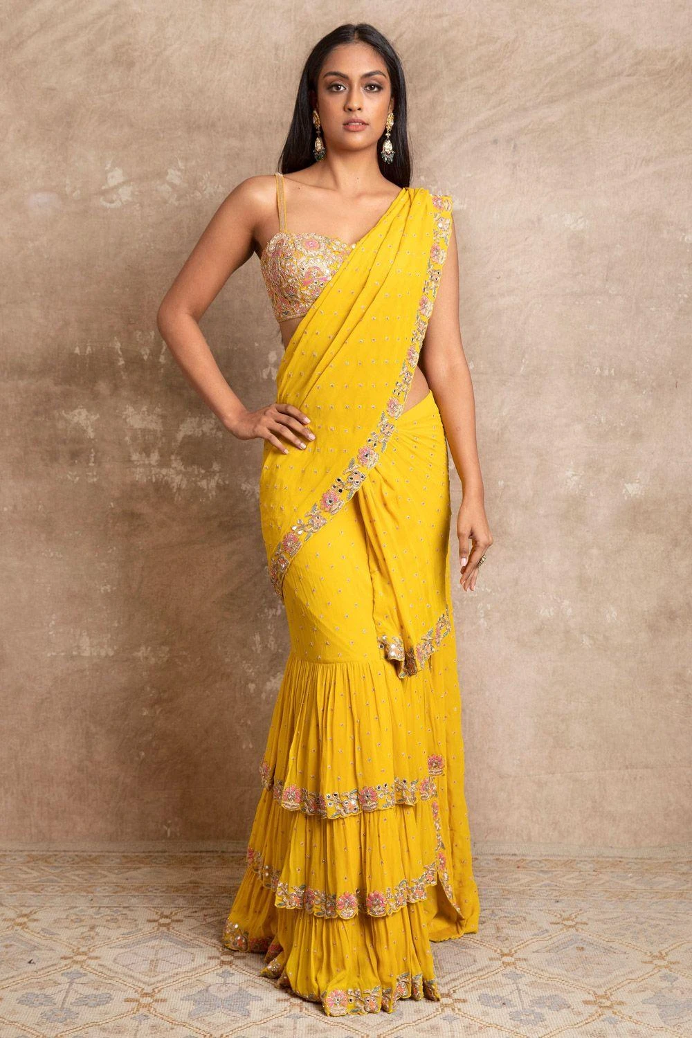 Arpita Mehta Yellow Hand Embroidered Tiered Sari Set 5 Arpita Mehta Yellow Hand Embroidered Tiered Sari Set - Image 3