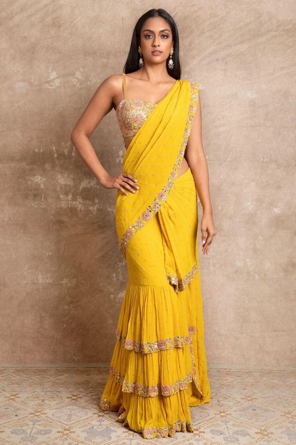 Arpita Mehta Yellow Hand Embroidered Tiered Sari Set 6 Arpita Mehta Yellow Hand Embroidered Tiered Sari Set - Image 4
