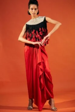 Anamika Khanna Black Fringed Top & Drape Skirt