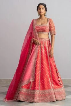 Anushree Reddy Flame Red Raw Silk Lehenga Set