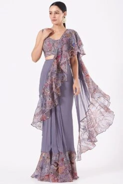 Aisha Rao Grey Ruffled Organza Sari