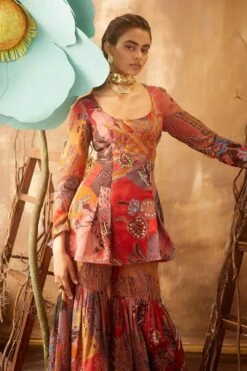 Aisha Rao Red Printed Peplum Sharara Set -Inca Sales Store arprtf ss02 3