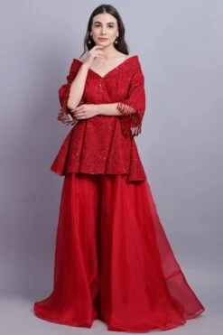 Asira Red Embellished Jacket & Sharara Set