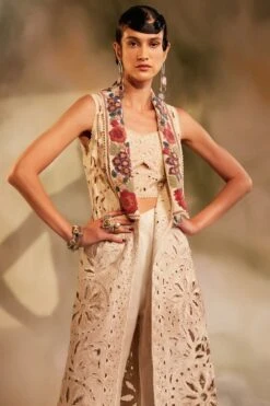 Chandrima Ivory Cutwork Jacket With A Beadwork Lapel