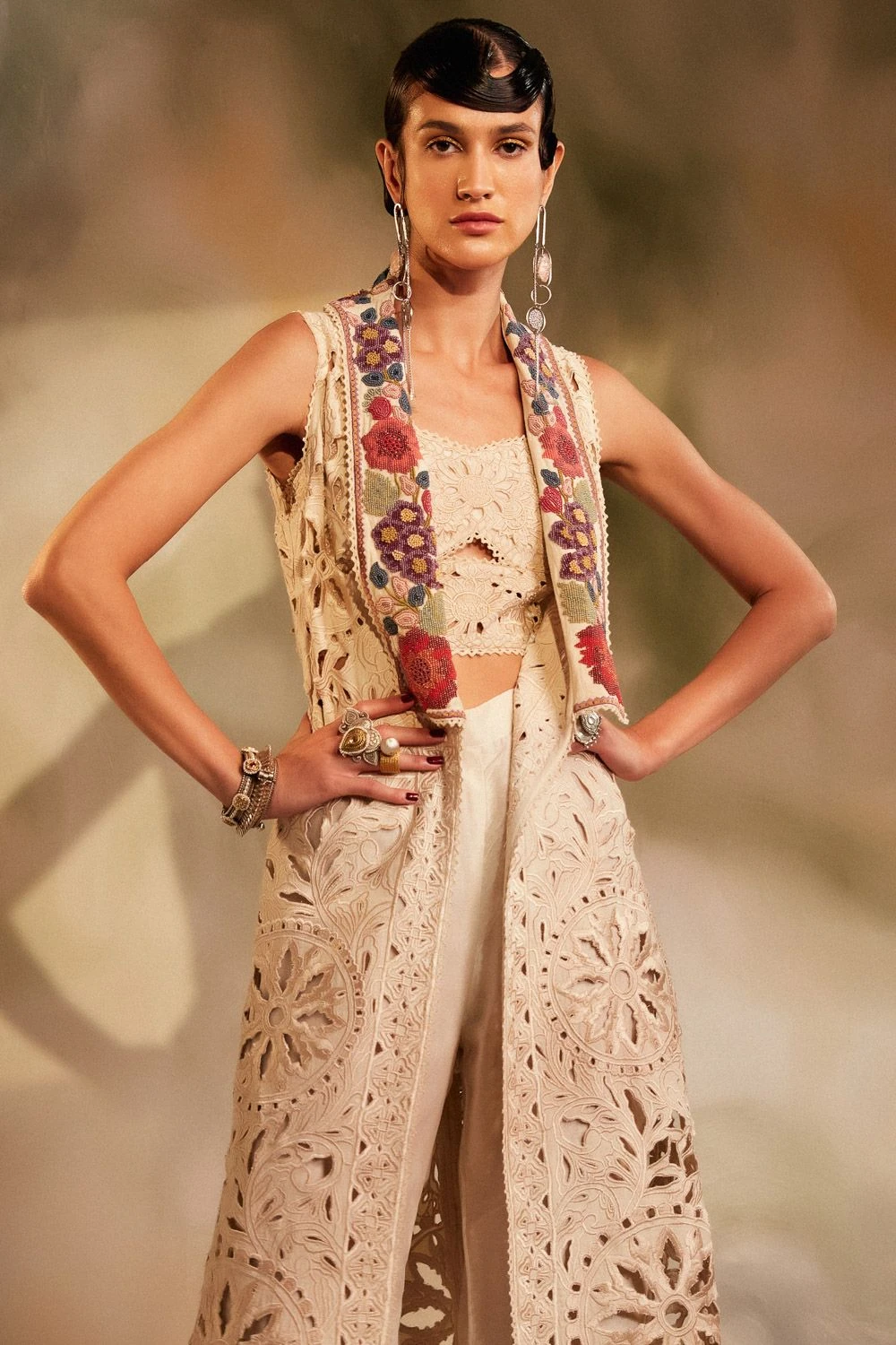 Chandrima Ivory Cutwork Jacket With A Beadwork Lapel 3 Chandrima Ivory Cutwork Jacket With A Beadwork Lapel