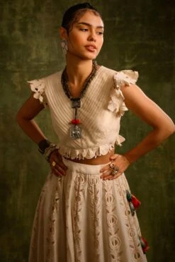 Chandrima Ivory Pleated Bouse With Cutwork Ruffles