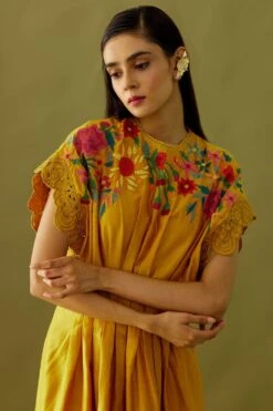 Chandrima Yellow Applique Beadwork Pleated Dress -Inca Sales Store ch1103 3