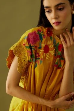 Chandrima Yellow Applique Beadwork Pleated Dress -Inca Sales Store ch1103 4