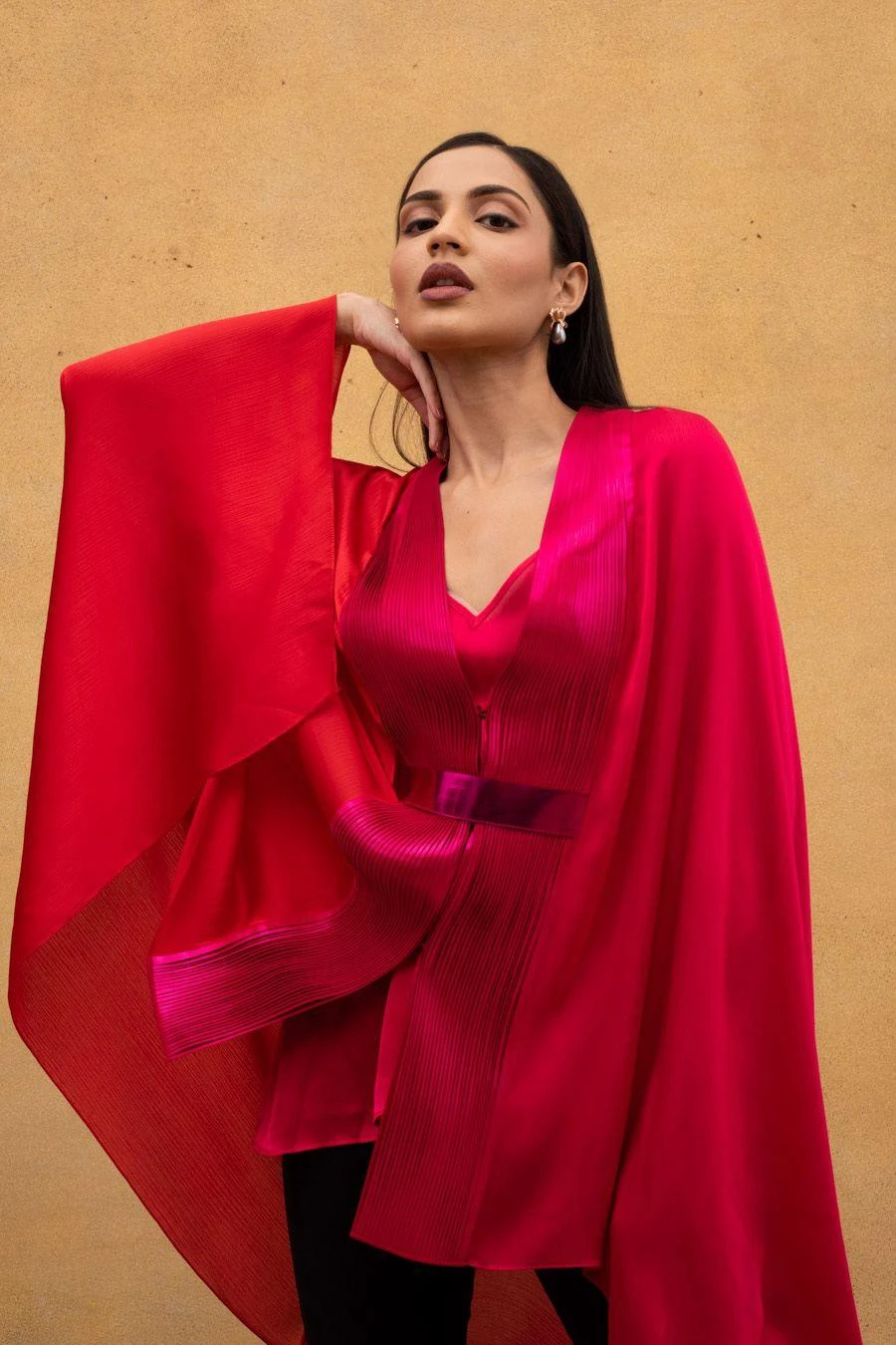 Amit Aggarwal Fuschia Ombre Panelled Cape With Belt 6 Amit Aggarwal Fuschia Ombre Panelled Cape With Belt - Image 4