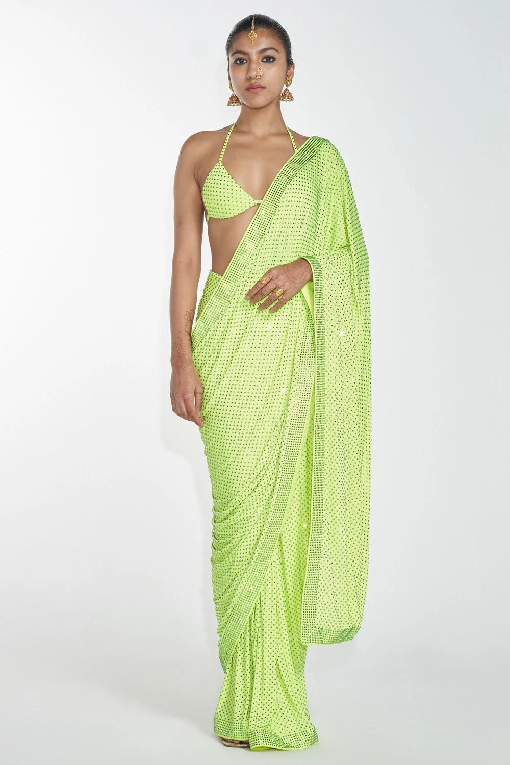Itrh Neon Green Crystal Pre-draped Sari Set 3 Itrh Neon Green Crystal Pre-draped Sari Set