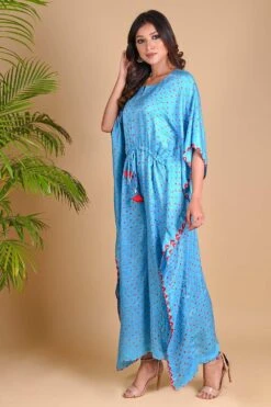 Blue Bandhni Kaftan Jumpsuit With Tassels