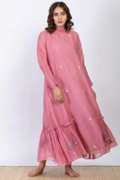 Ekadi Rose Pink Chanderi Silk Embroidered Dress
